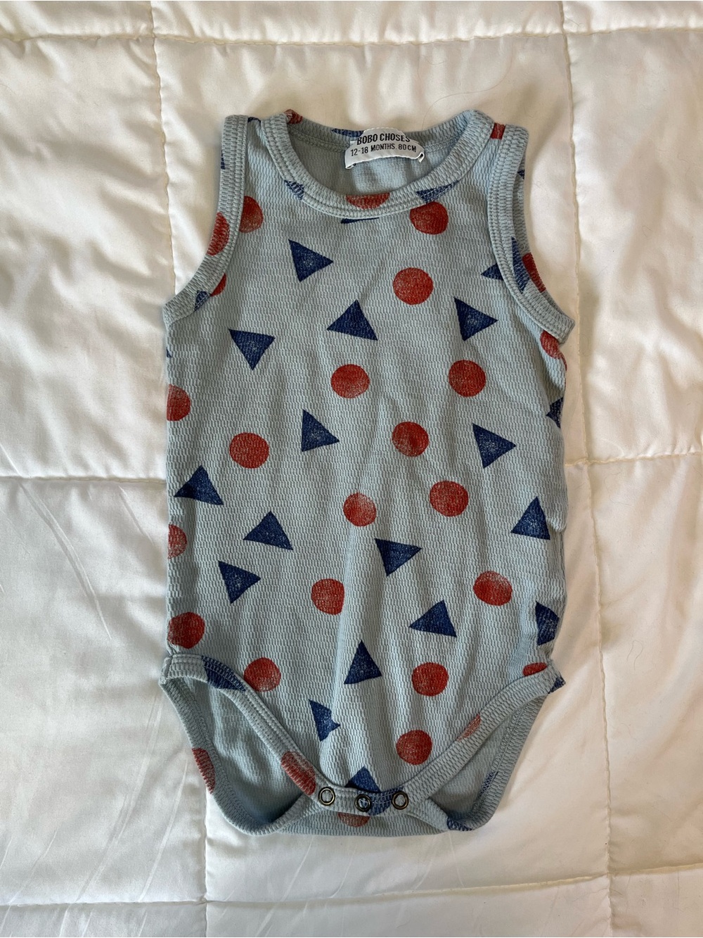Bobo Choses Light Blue Sleeveless Bodysuit with Red Dot & Navy Triangle Print
